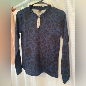 Ann Taylor Blue & Black Floral Ruffle Neck Blouse